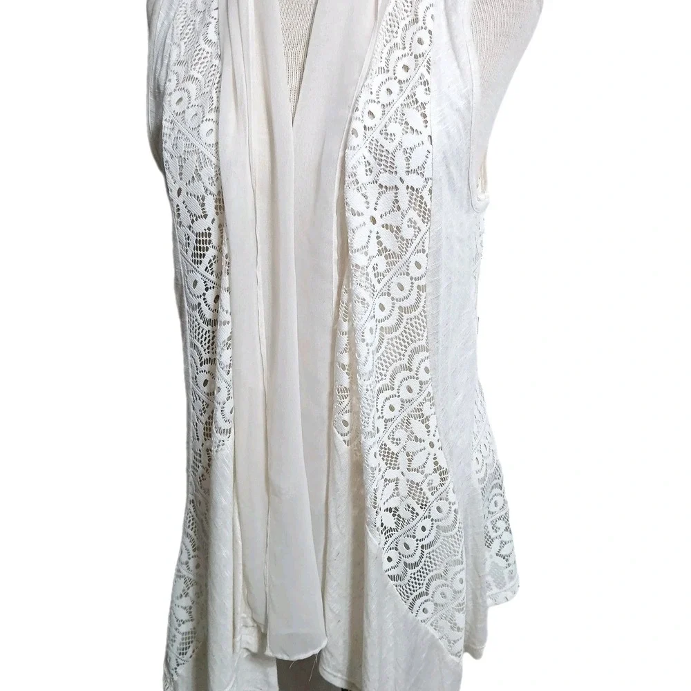 AB Studio Women Crochet Lace Vest Large Ivory Waterfall Boho Ethereal Lagenlook